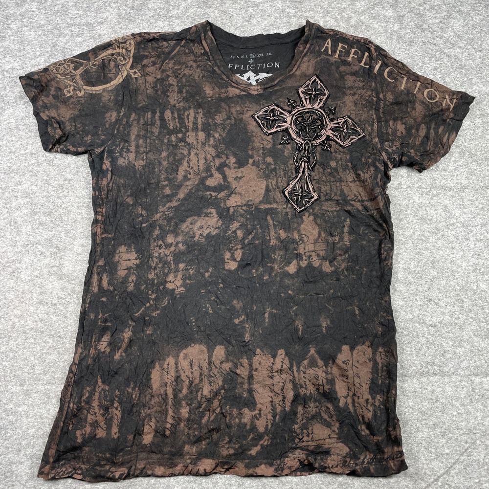Affliction Shirt Mens XL Black Gothic Cross Wings Acid Wash Distressed Thin Y2K